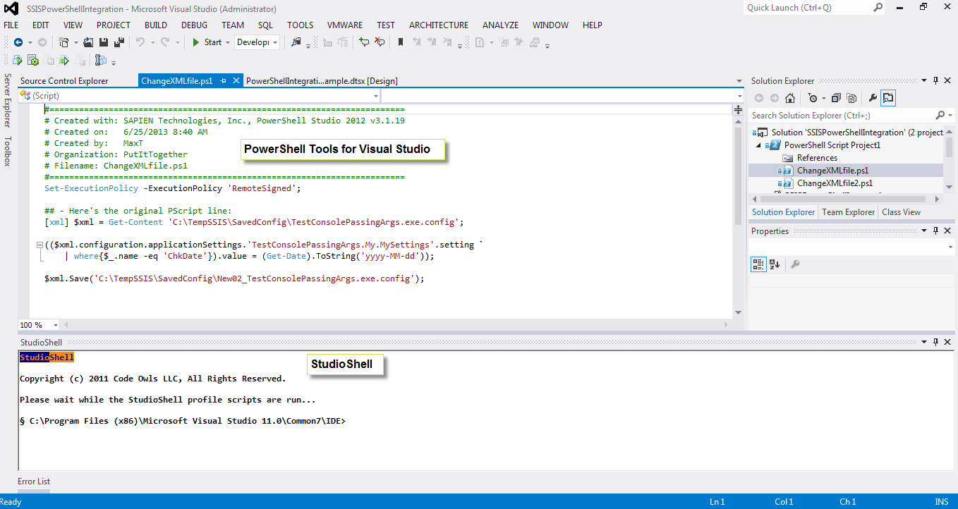 PowerShell Community Tools loaded in SQL Data Tools BI.